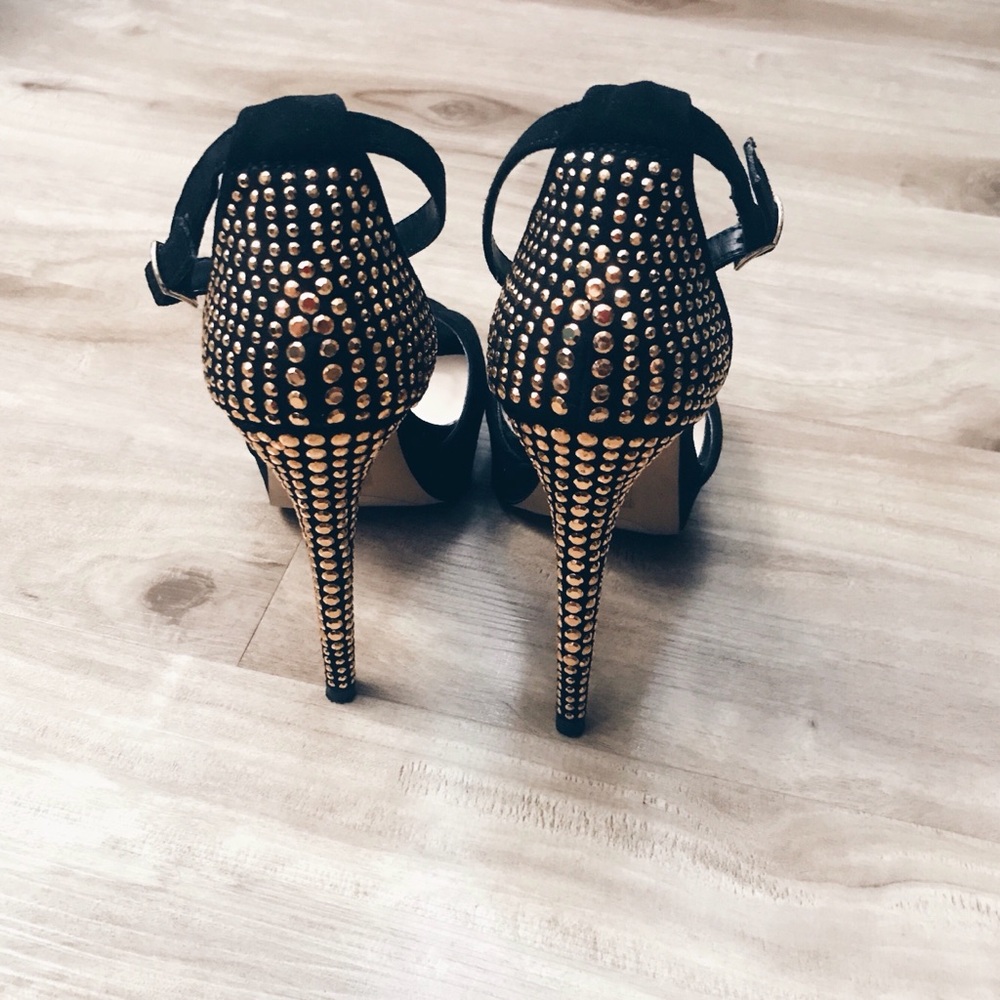 Black platform ALDO peep toe heels rhinestones